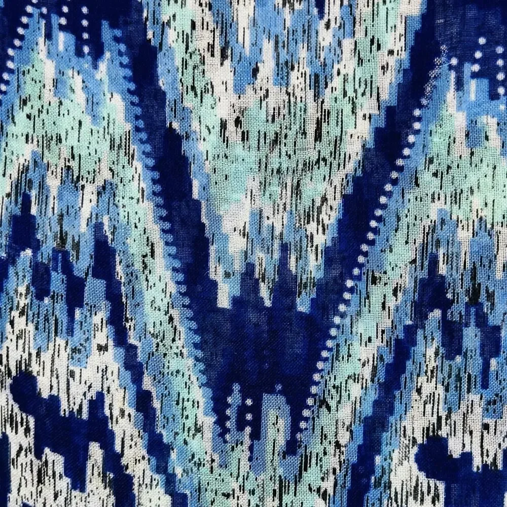 Blue Teal White Sheer Tasseled Zig Zag Geometric Scarf 40